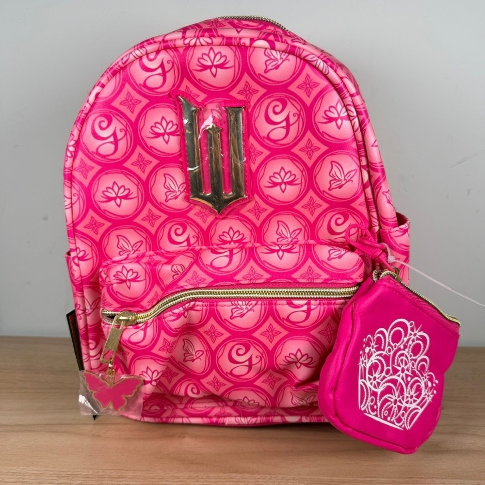 Universal Wicked Glinda Mini Backpack Pink Monogram Butterfly Charm Coin Purse
